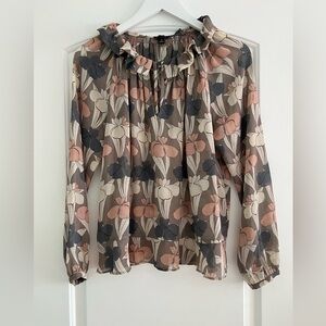 Ann Taylor Brown and Gray Ruffled Long Sleeve Blouse